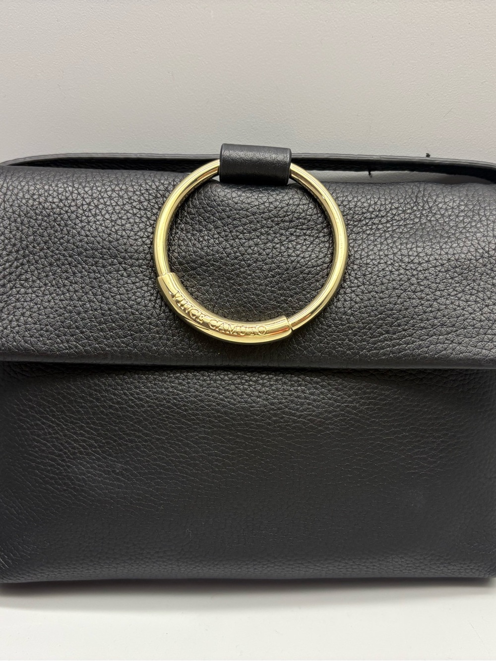 Vince Camuto Ruthie Black Leather Crossbody Bag with Gold Ring Accent-